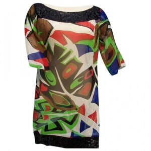 Cache mod print semi sheer silk dress sz small